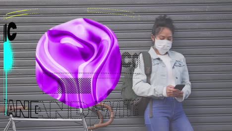 animation of purple shape floating with social distancing message over asian woman wearing face mask
