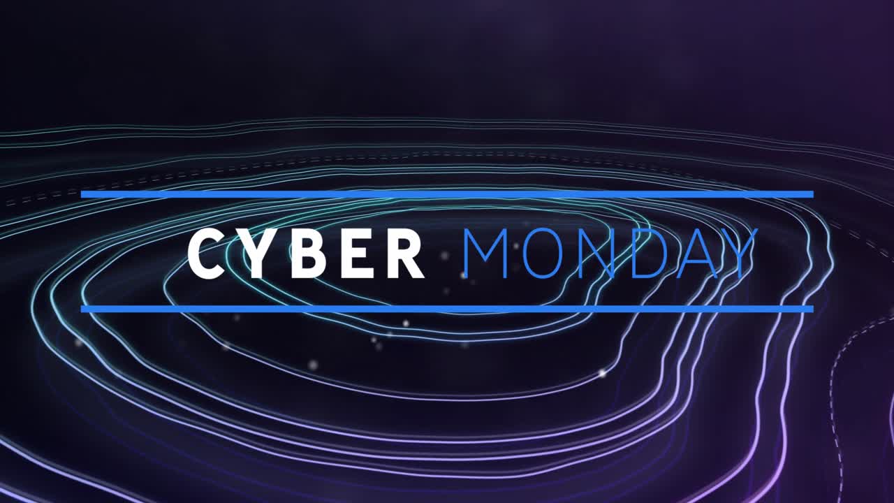 Animation of cyber monday text banner and topography against purple background