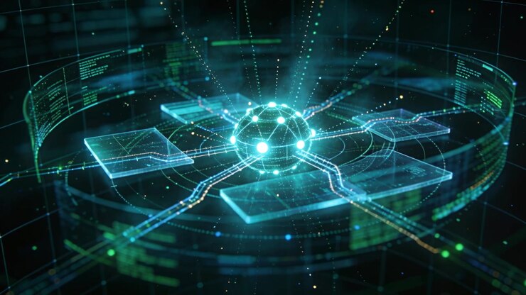 Receiving init signal, core glowing, sending data via conduits to nodes in grid with code band