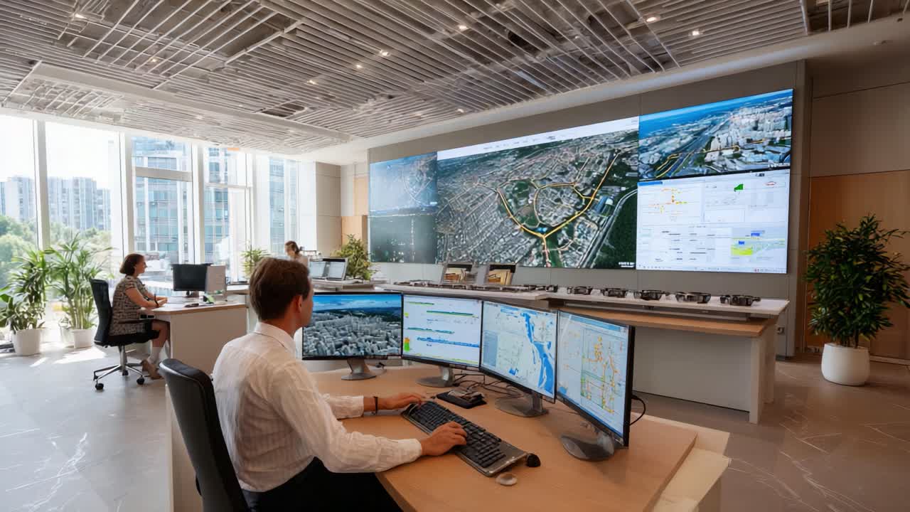 Una sala di controllo moderna con tecnologia di monitoraggio avanzata per la gestione urbana, dotata di schermi multipli che visualizzano mappe e visualizzazione dei dati in tempo reale