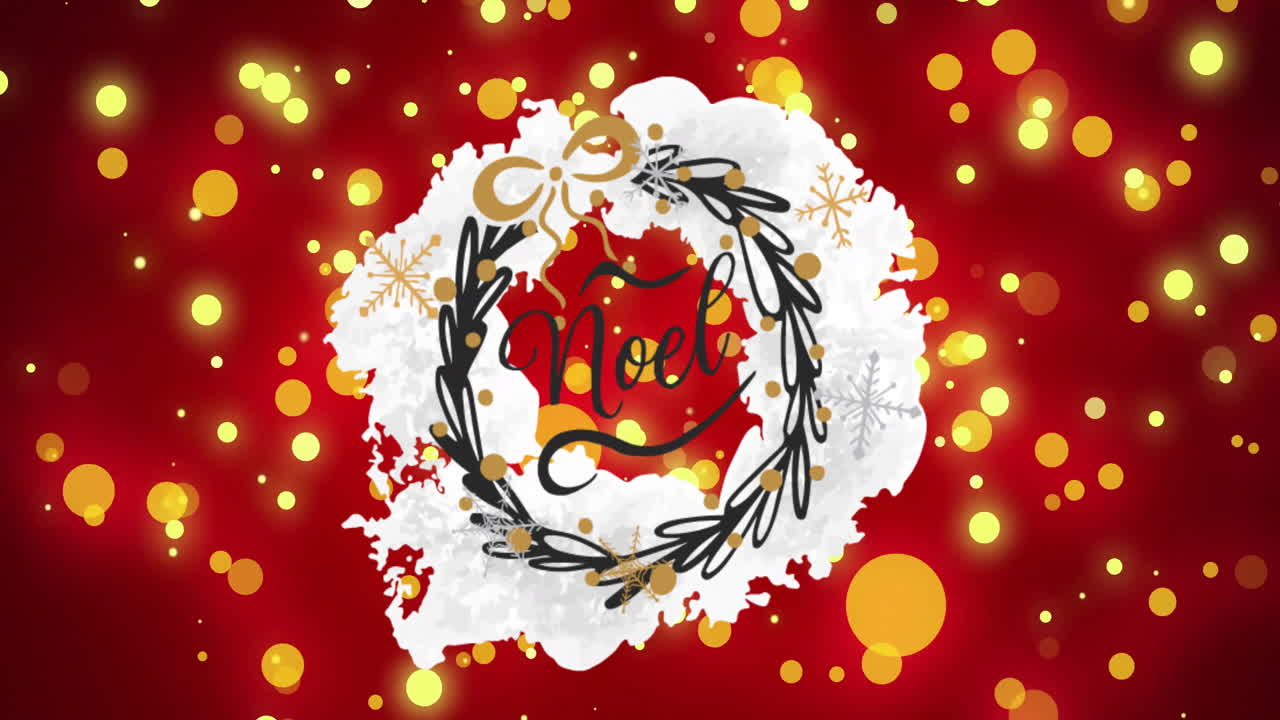 Animation of noel text over christmas decorations and glowing spots on red background