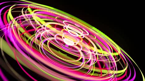 light flow bg in 4k. abstract looped background with light trails, stream of green red yellow neon lines in space move to form ring shapes. modern trendy motion design background light effect