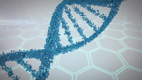 dna-strang-animation über sechseckigem raster-hintergrund