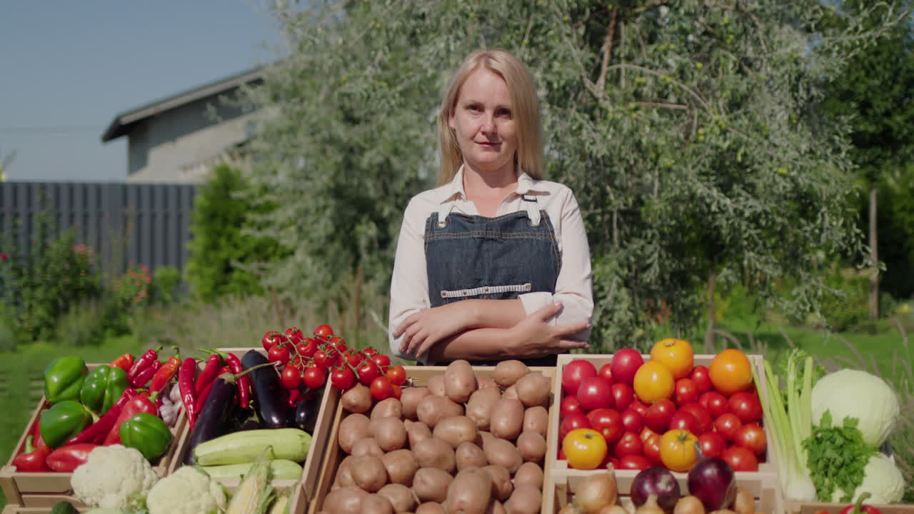 retrato de una mujer agricultora detrás del mostrador de una feria agrícola