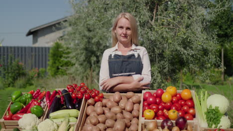 portrait of a farmer woman behind the counter of an agricultural fair