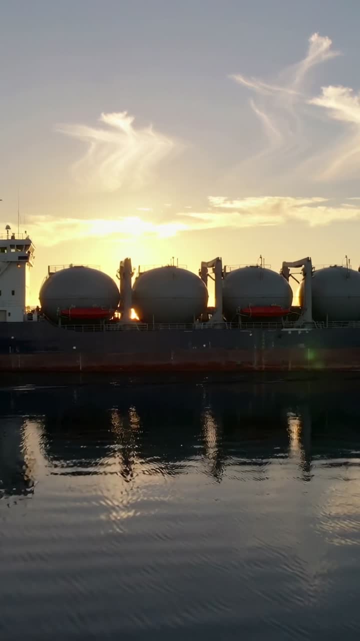 Video verticale: Il sole che tramonta retroillumina una nave cisterna con serbatoi rotondi al porto, creando riflessi sull'acqua.