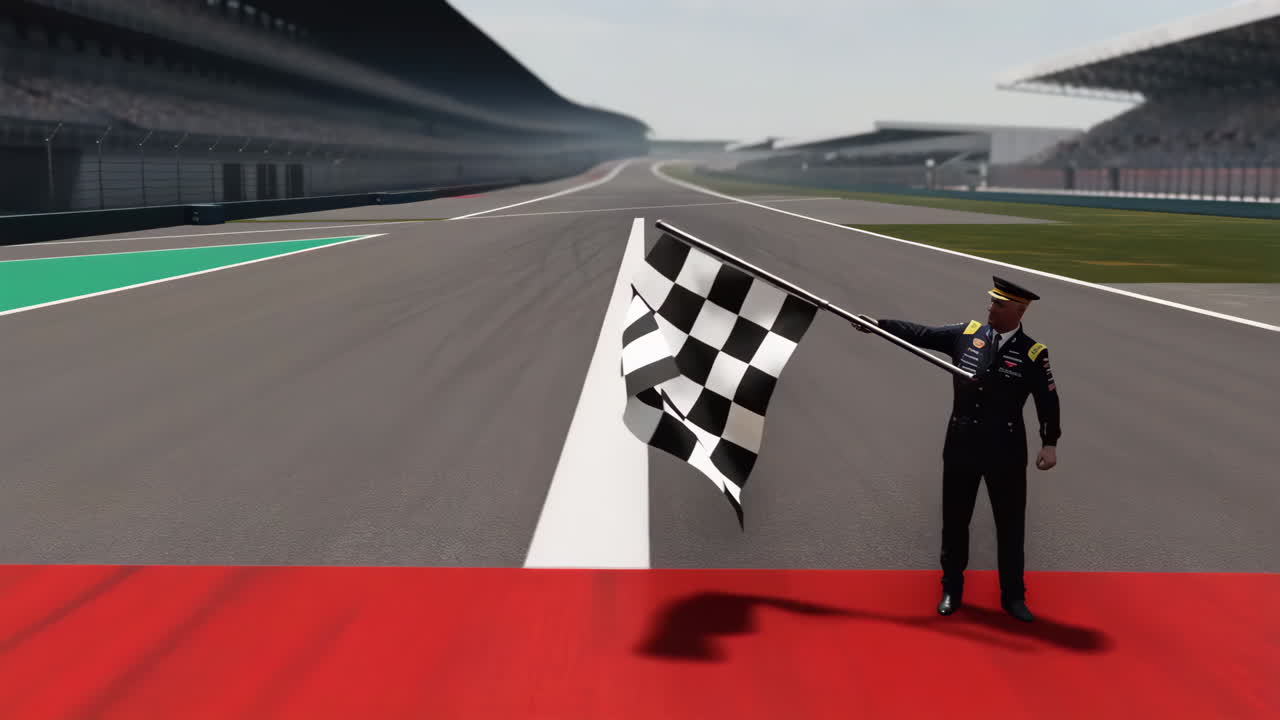 Auto racing official waving checkered flag on race track