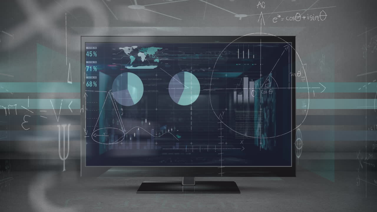 Animation of data processing over screen on grey background