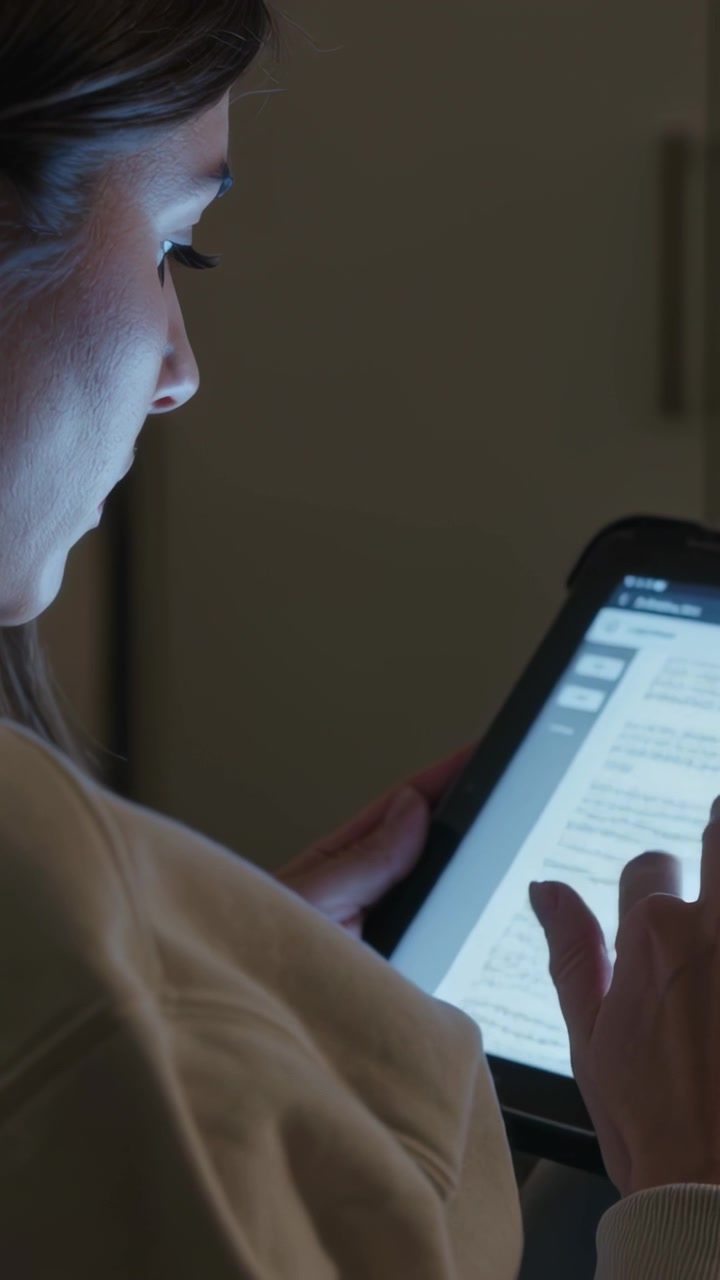 Vertical video: Reacting to tablet glow, woman tapping and reading in dim room wearing sweatshirt