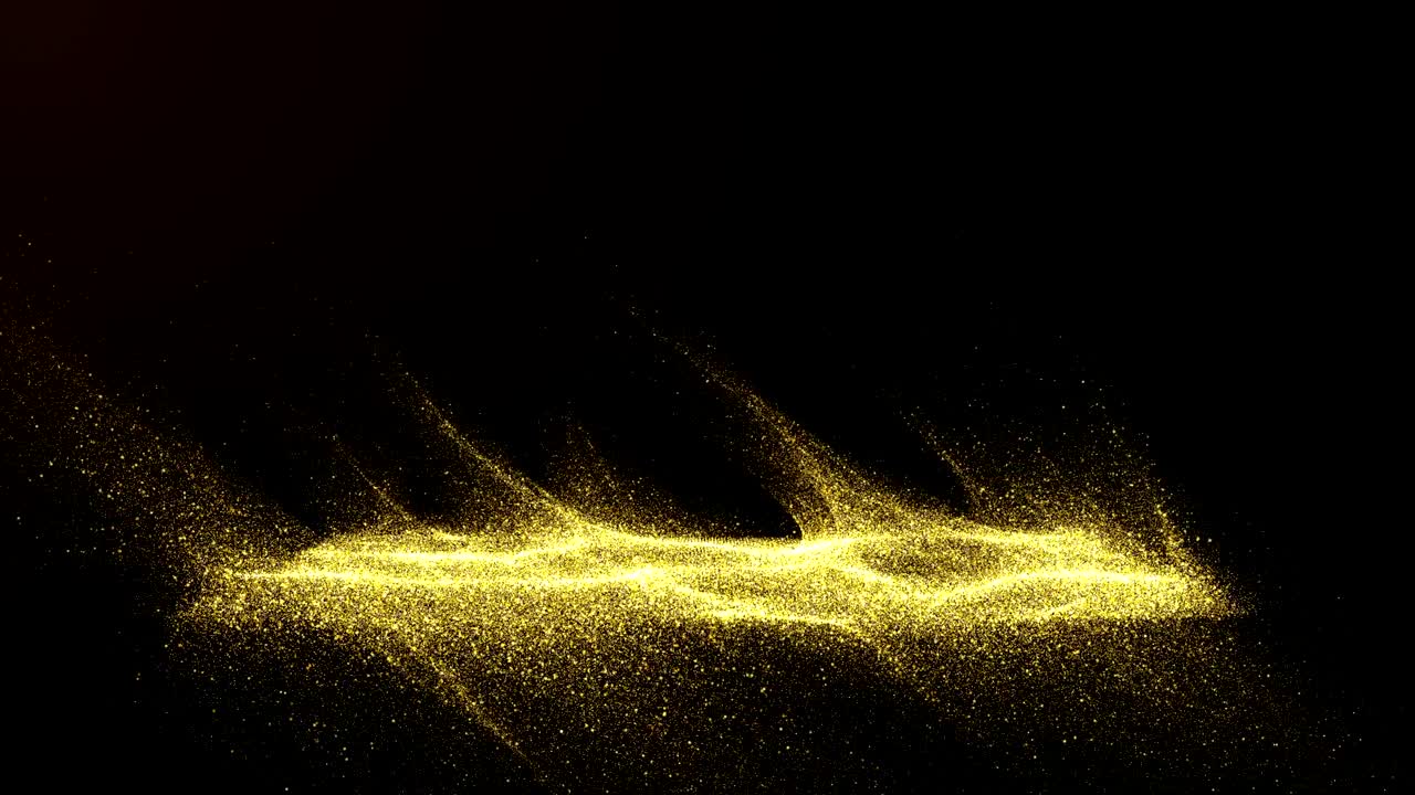 디지털 서명은 어두운 갈색 배경과 작은 입자가 빛의 파동으로 모여 황금색 노란색 그림자가 깊은 대조가있는 영역과 영역에 퍼져 있습니다.