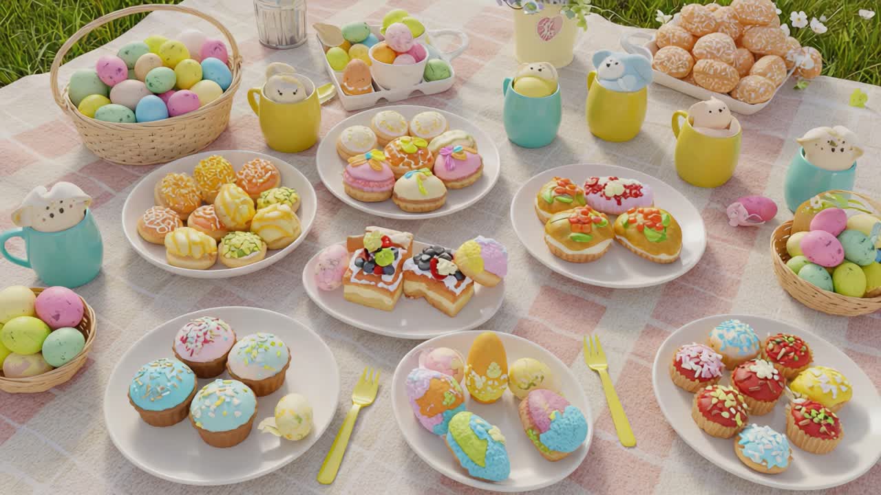 A Vibrant Spring Picnic Display Featuring Colorful Pastries, Cupcakes, and Decorative Eggs on a Checkered Blanket Surrounded by Nature's Beauty
