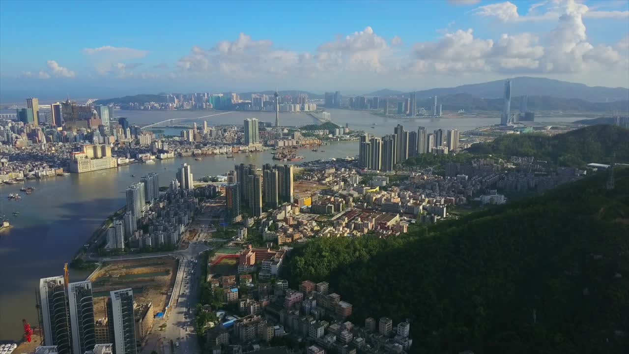 은 날 주하이 도시 풍경 마카오 시 베이 공중 파노라마 4k 중국