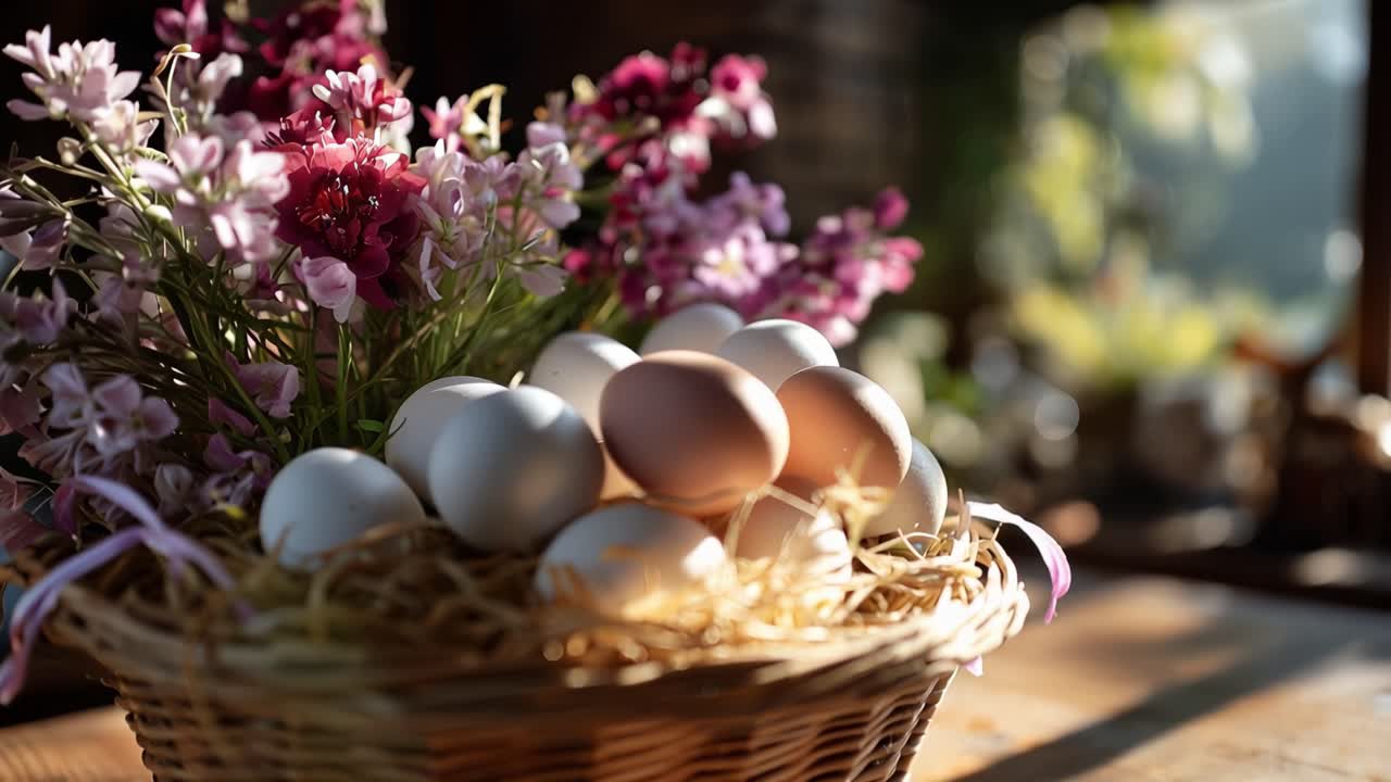 Sunlight spills warm over a rustic wicker basket. Eggs gleam beside delicate purple blooms. Hay cradles the arrangement on a weathered table. Soft light dances across textured surfaces