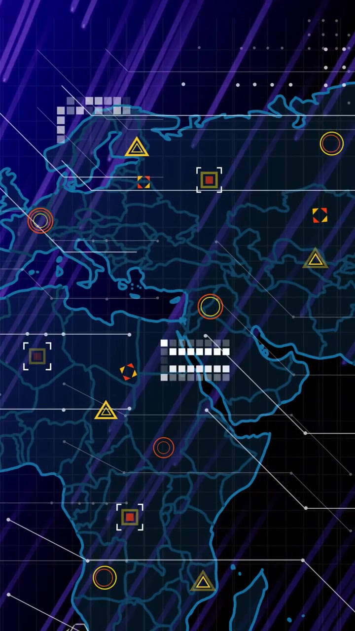Animation of world map with data points and digital patterns on purple background