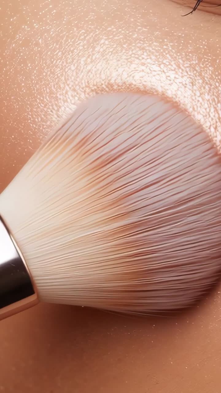 Vertical video: Entering from left soft makeup brush sweeping shimmer powder across cheek, blending