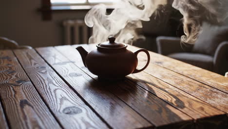 steaming teapot on a rustic wooden table