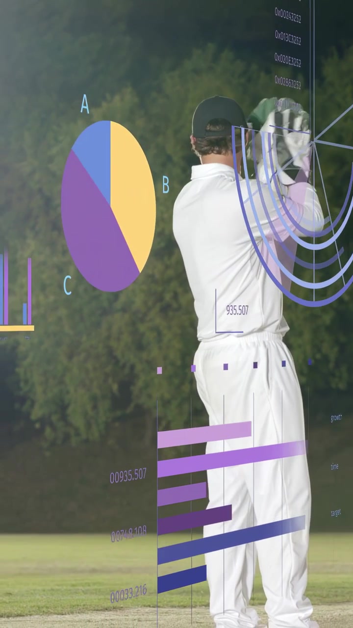 Vertical video: Cricket keeper on delivery, adjusting gloves to catch while HUD overlaying keeper