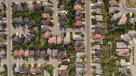 top down aerial view of houses and streets in residential neighbourhood in calgary, alberta, canada