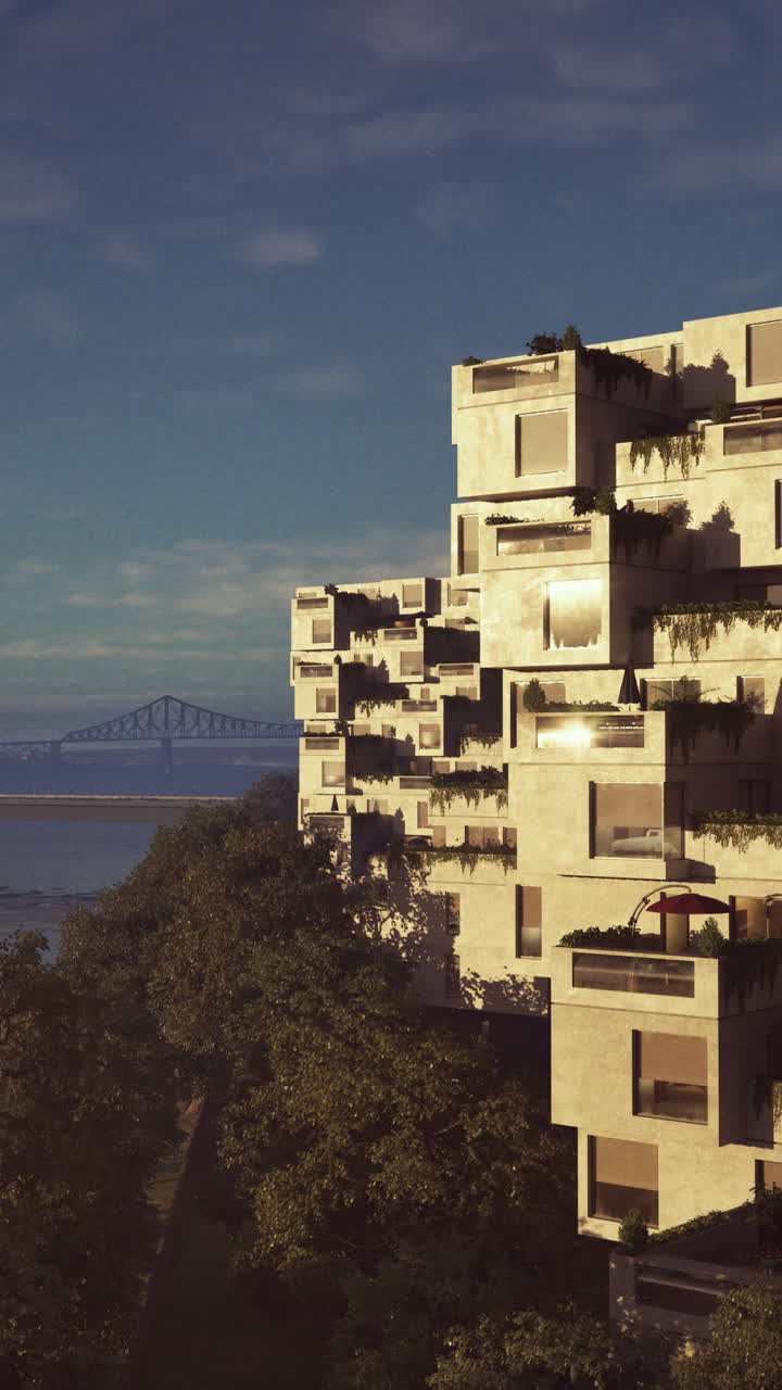 edificio de hormigón moderno con plantas verdes y puente en el fondo