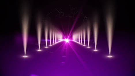 Animation-of-red-carpet-venue,-with-central-purple-light-and-rows-of-white-spotlights