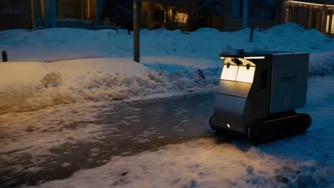 delivery robot in snowy city night