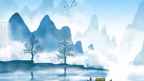 Paisaje-Misterioso-Animación-De-Arte-Digital-Oriental-Tradicional-De-China,-Pintura-Retro-China-Tinta-Montaña-Brumosa-Con-Flores,-árboles,-Pájaros,-Río-En-Fondo-De-Niebla