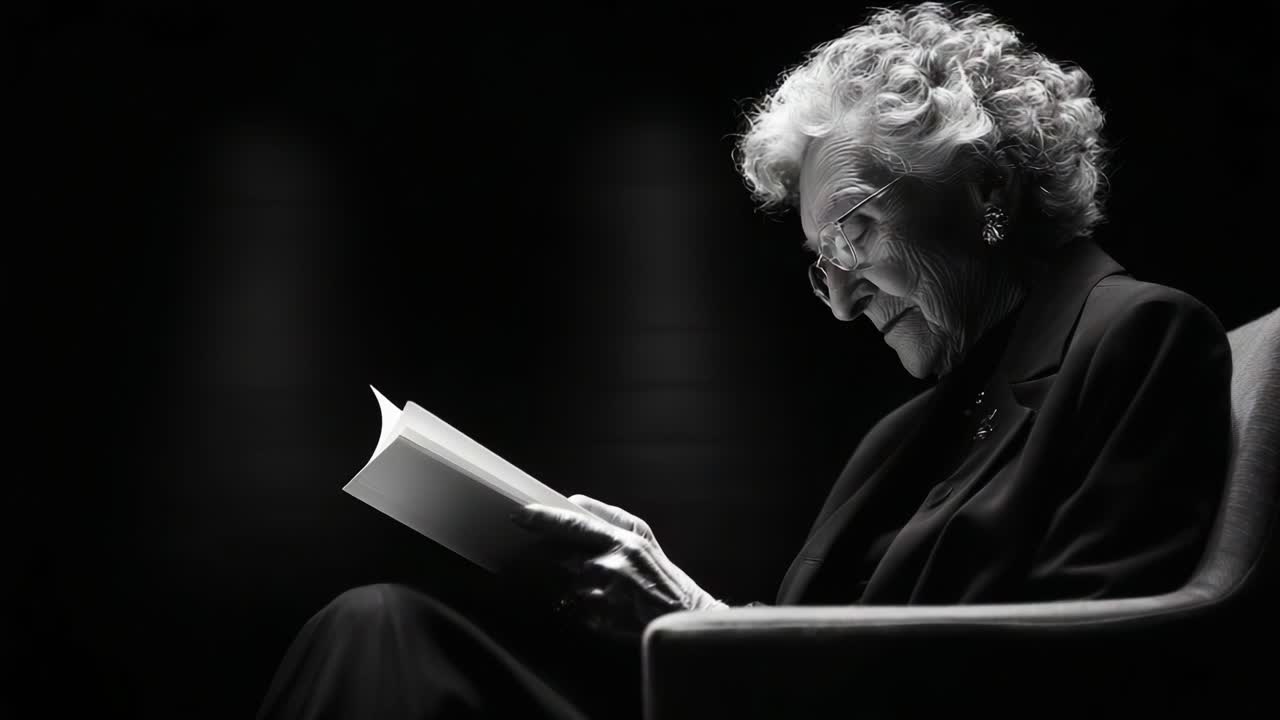 A contemplative elderly woman engrossed in reading a book, captured in striking black and white, showcasing her thoughtful expression and graceful features as the light envelopes her