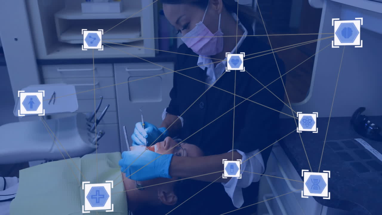 Animation of network of connections with icons over diverse dentist and patient in dental office