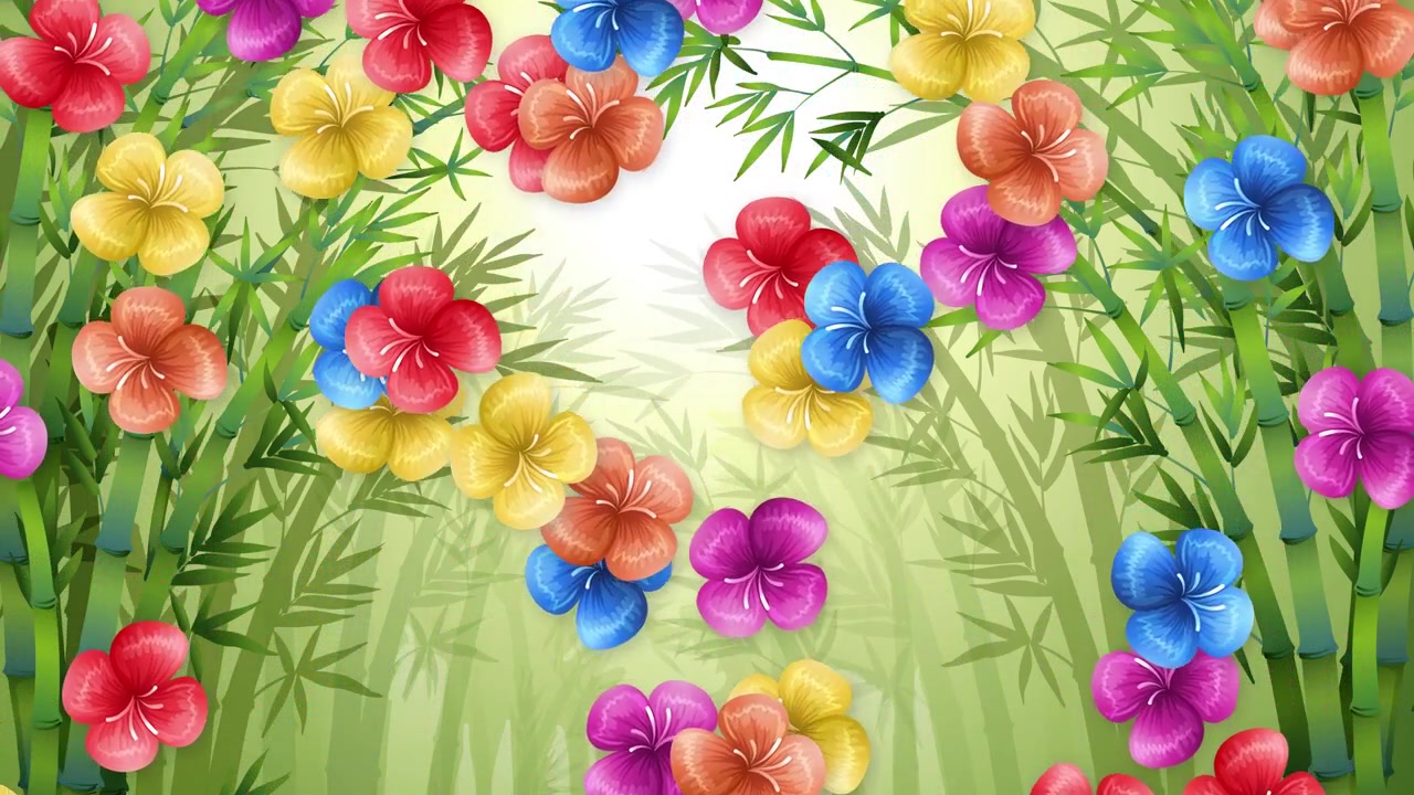 Vibrant cartoon flowers drift downward against a lush green bamboo forest with soft lighting.
