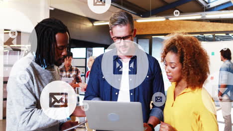 animation of email icons data processing over diverse business people in office