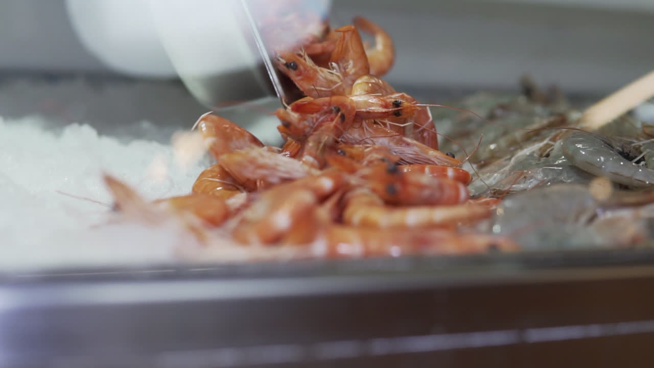 Pouring prawns on ice, slow motion 1080p