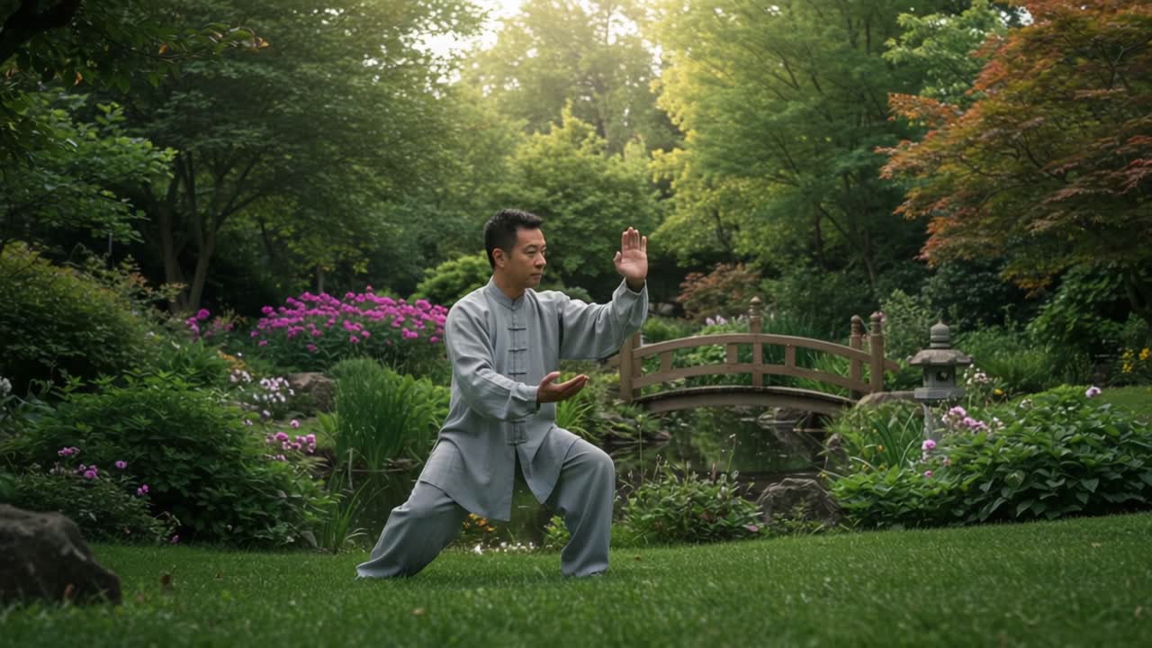 A skilled practitioner performs Tai Chi in a serene garden, showcasing grace and focus in perfect harmony with nature's beauty and tranquility, emphasizing mindfulness and wellness.
