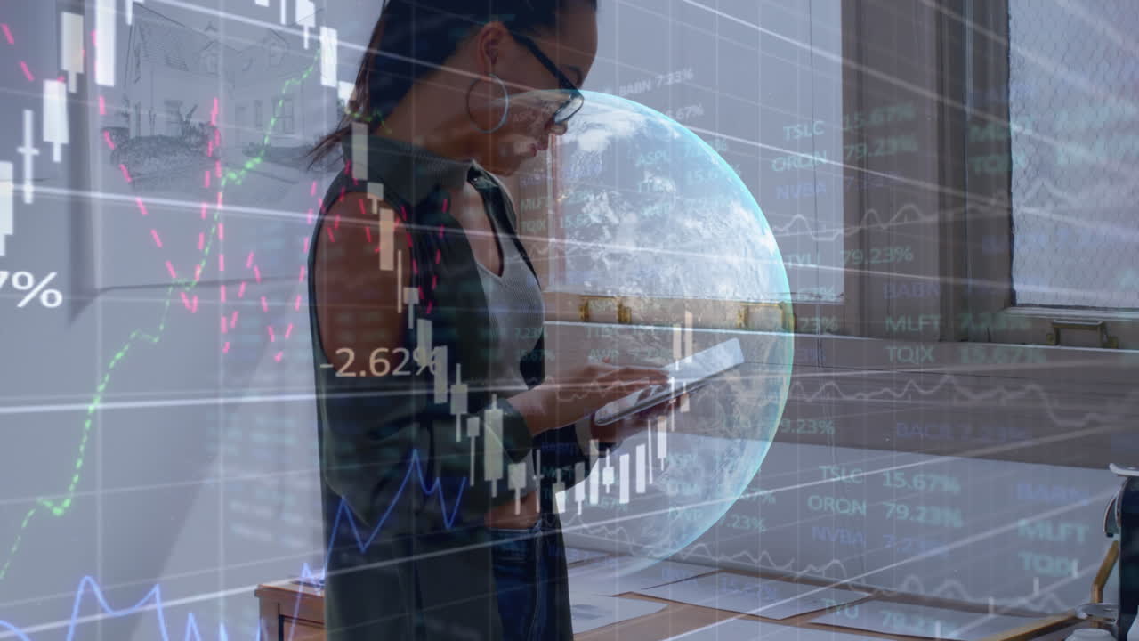 gráficos y datos estadísticos y globo terrestre contra una arquitecta usando una tableta digital