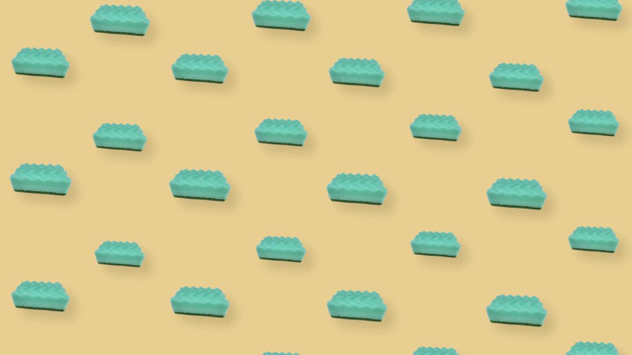 오렌지색 배경에 초록색 주방 스폰지의 다채로운 패턴, 스폰지와 함께 원활한 패턴,  뷰, 현실적인 애니메이션, 4k 비디오 모션