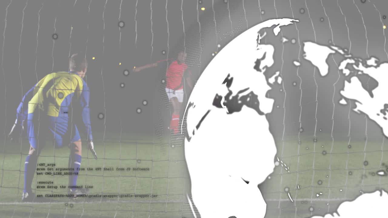 Forward running for goal, shooting toward goal, goalkeeper diving under tech code and globe overlay