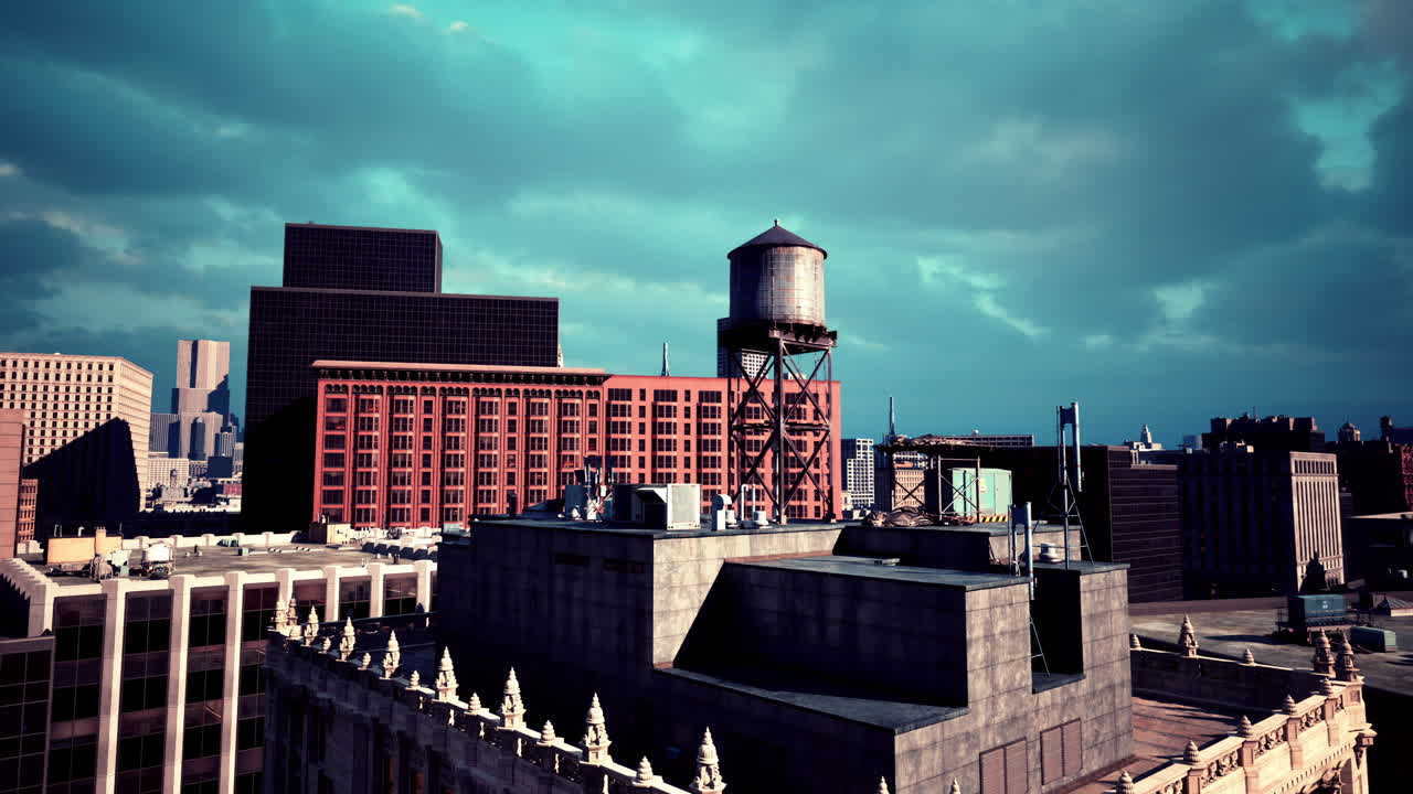 물탑 을 가진 도시 스카이 라인 의 공중 풍경