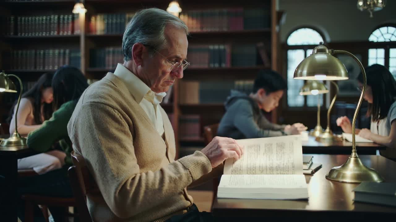Raising hand and adjusting glasses, senior man in beige cardigan studying reference book in library
