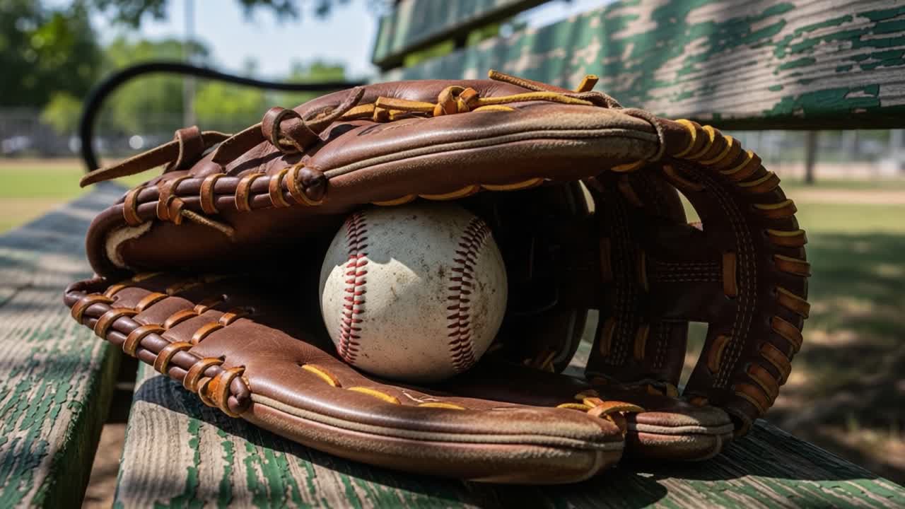 A Close-Up View of a Leather Baseball Glove Cradling a Baseball on a Bench in a Sunny Park Setting, Perfect for Any Baseball Enthusiast
