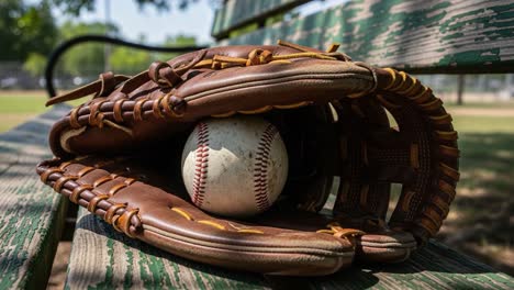 a close-up view of a leather baseball glove cradling a baseball on a bench in a sunny park setting, perfect for any baseball enthusiast
