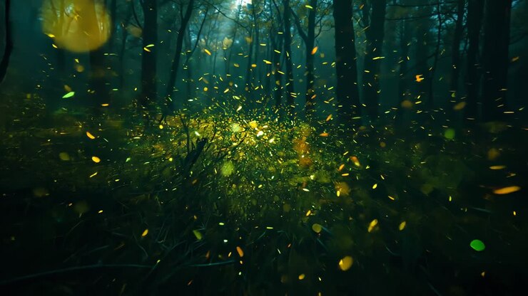 Glowing green ember cluster responding to shaft of light, spreading across misty forest near stick