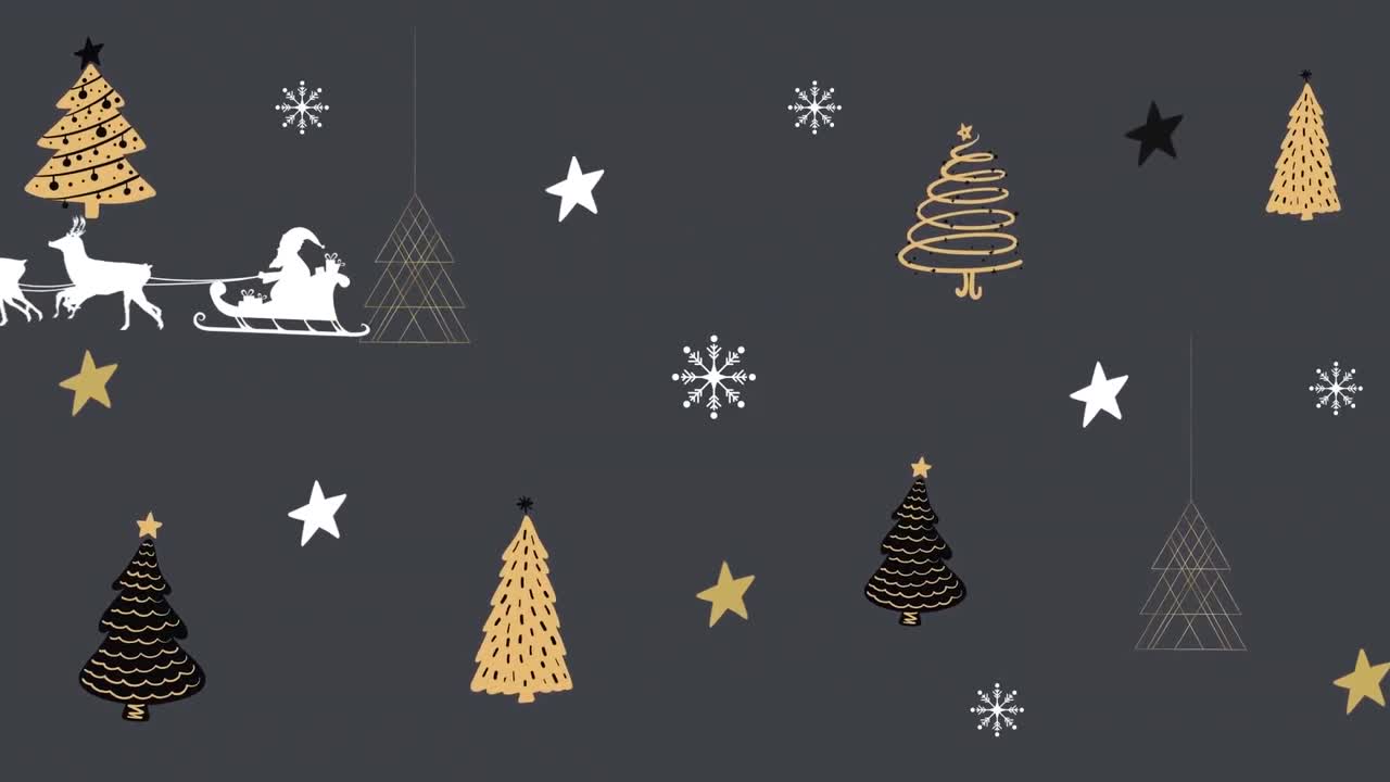animación de árboles de navidad y santa en trineo con renos en fondo negro