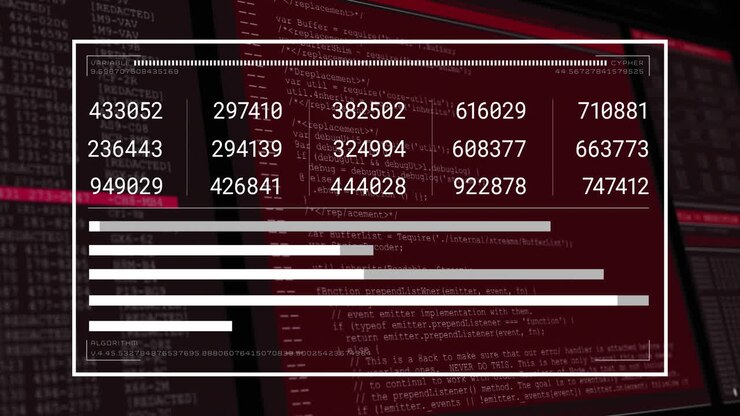 Animation of layers of numeric and text data processing on black background