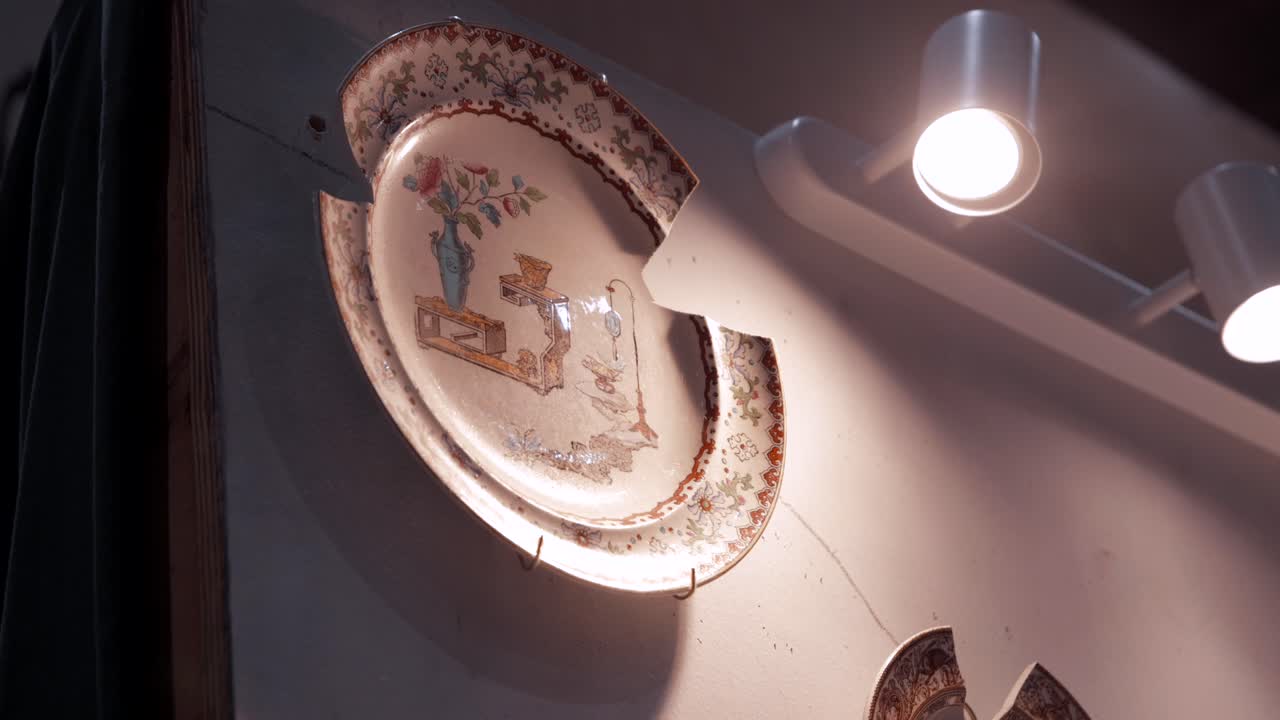 An old broken plate of china, hanging on a wall