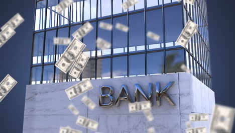 animation of american dollar banknotes falling over modern office building