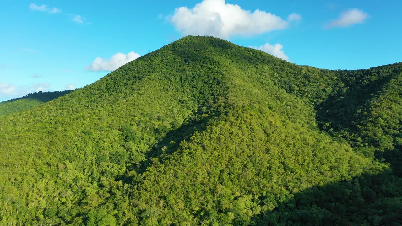 St. Croix’s lush forest canopy stretches out below in this aerial drone view, where a few high-end homes sit tucked into quiet hills surrounded by the soft rise of island terrain and mountain views