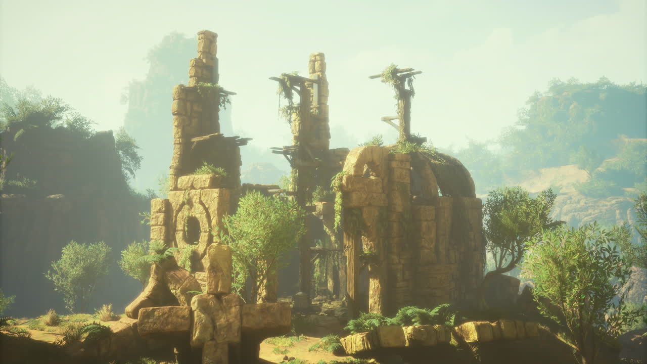 Ancient ruins surrounded by lush greenery in a misty landscape