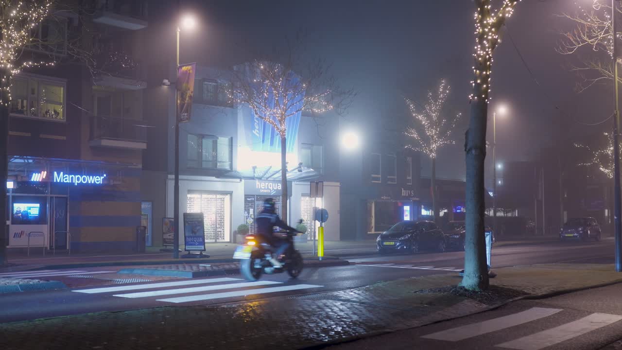 Night Scene with Buildings, Cars, and Fog