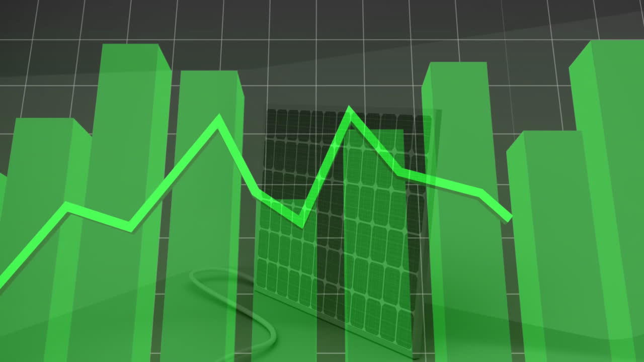 Animation of green line graph fluctuating over bar chart with solar panels behind