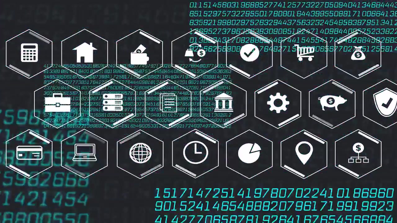 Hex grid forming as teal code streams sweeping, highlighting finance icons, visualizing security