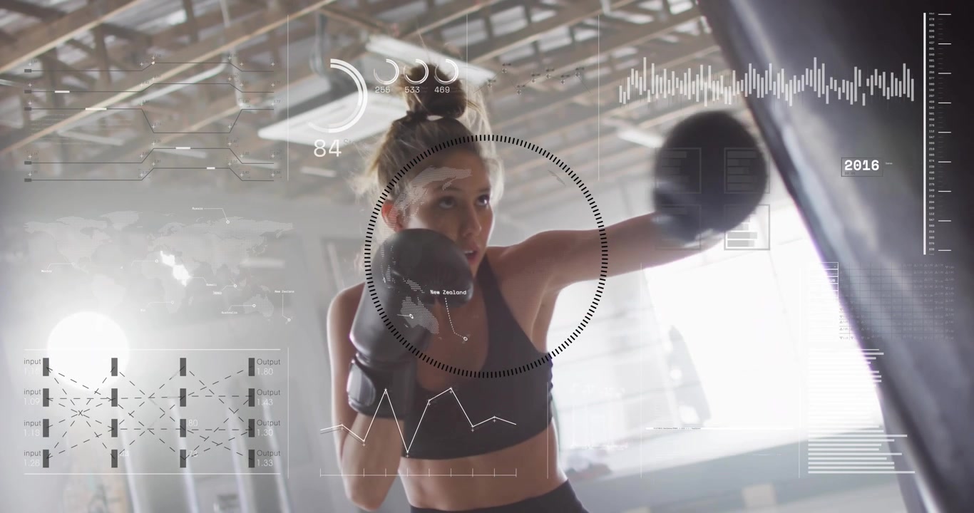 Female boxer scanning, stepping toward heavy bag, throwing jabs and hooks, building power, HUD